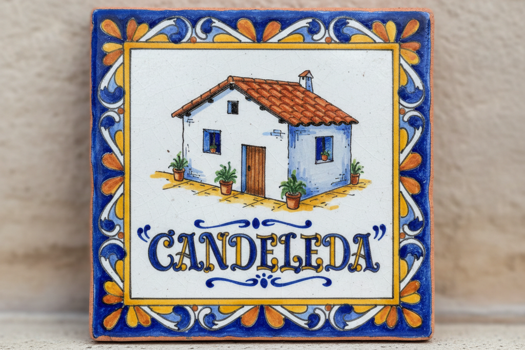 un azulejo con la palabra candeleda escrita bajo una casita de pueblo